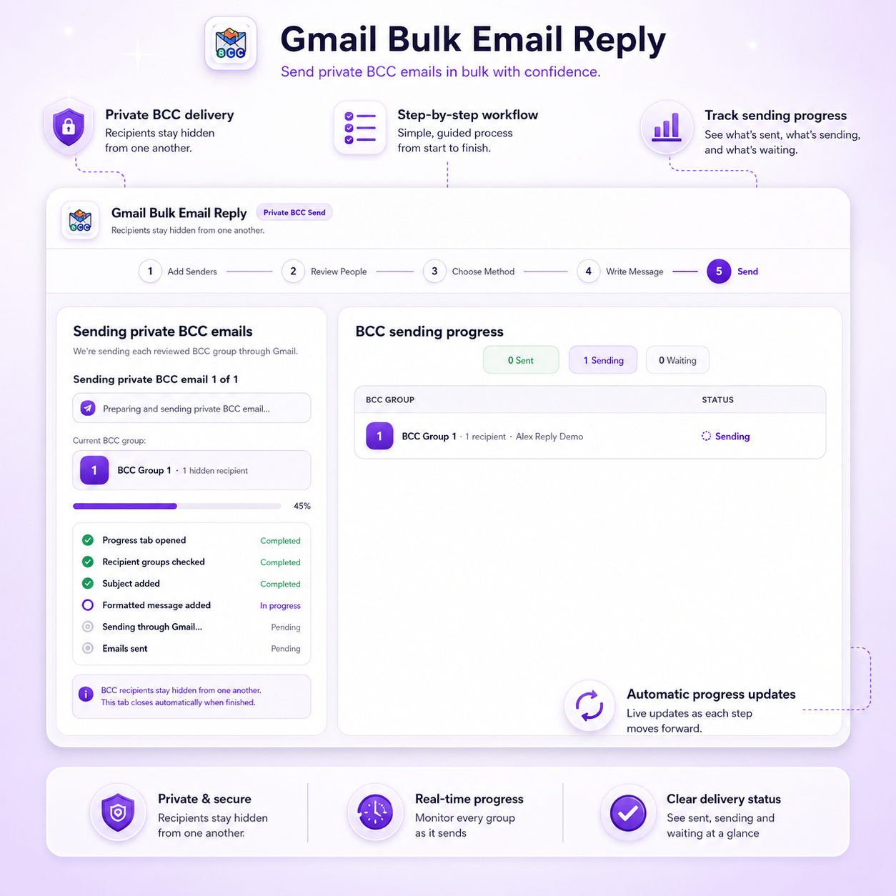 Bulk Reply for Gmail step 4 image showing private BCC sending progress, delivery status and automatic progress updates